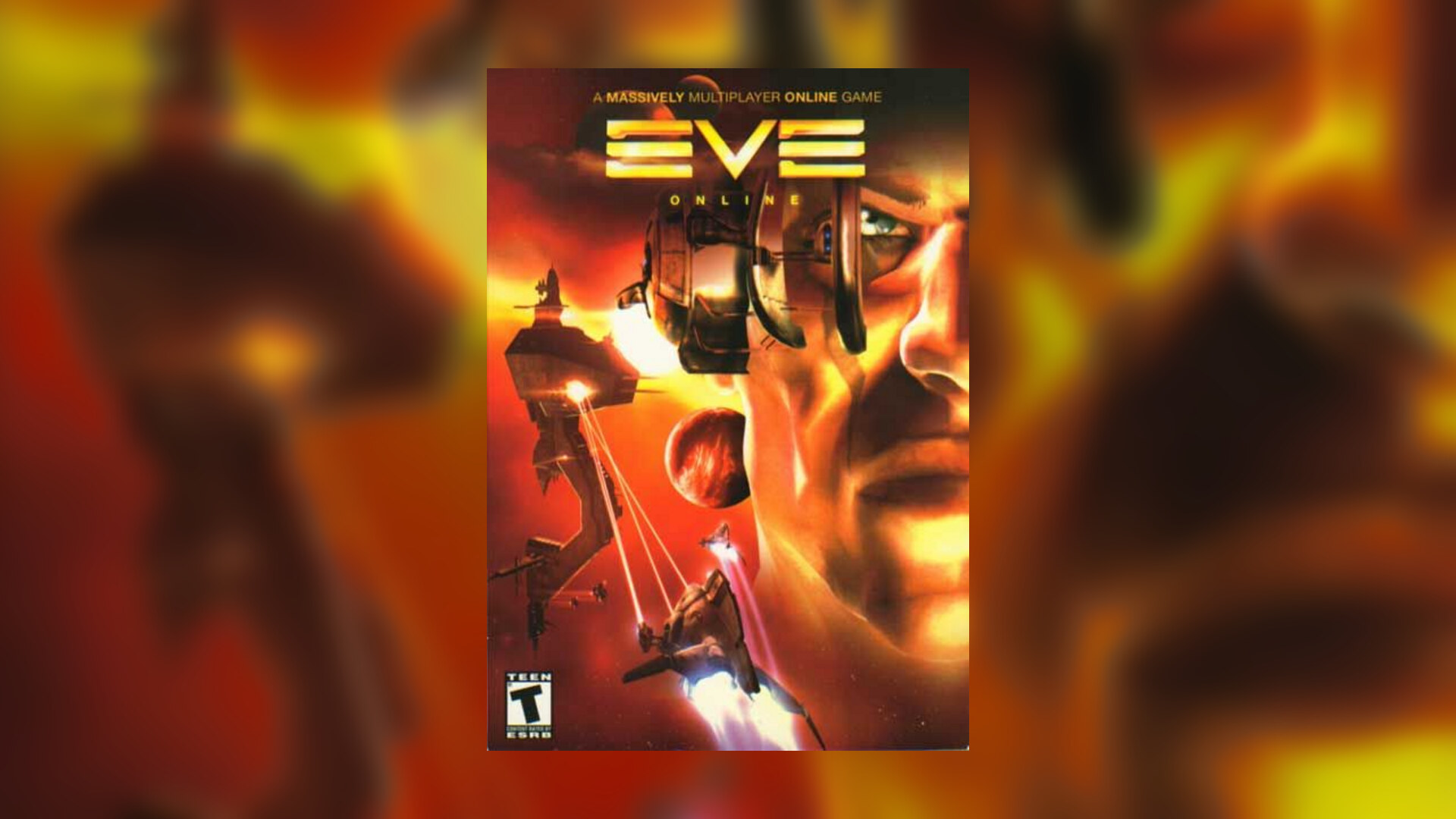 The original 2003 EVE Online retail box cover - a capsuleer face over warpath ships, a station and a planet beneath the classic flame EVE ONLINE logo; the 2003 launch artifact