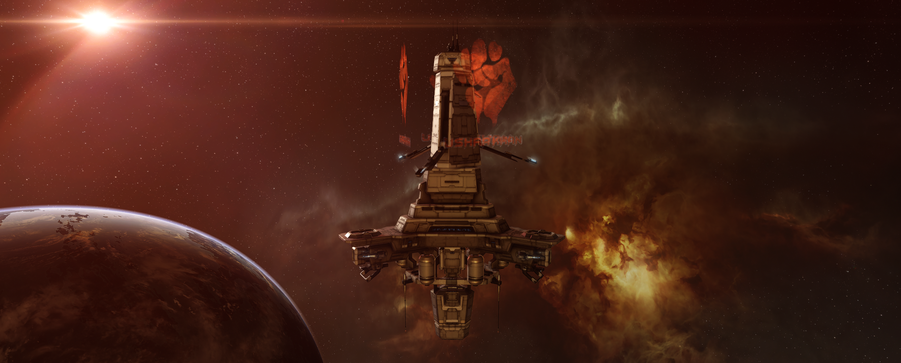 The CCP-built 9UY4-H Outpost Monument standing where Unity Station once stood in Providence, flying the Ushra'Khan crest as the final owners; a Signal Cartel pilgrimage photograph