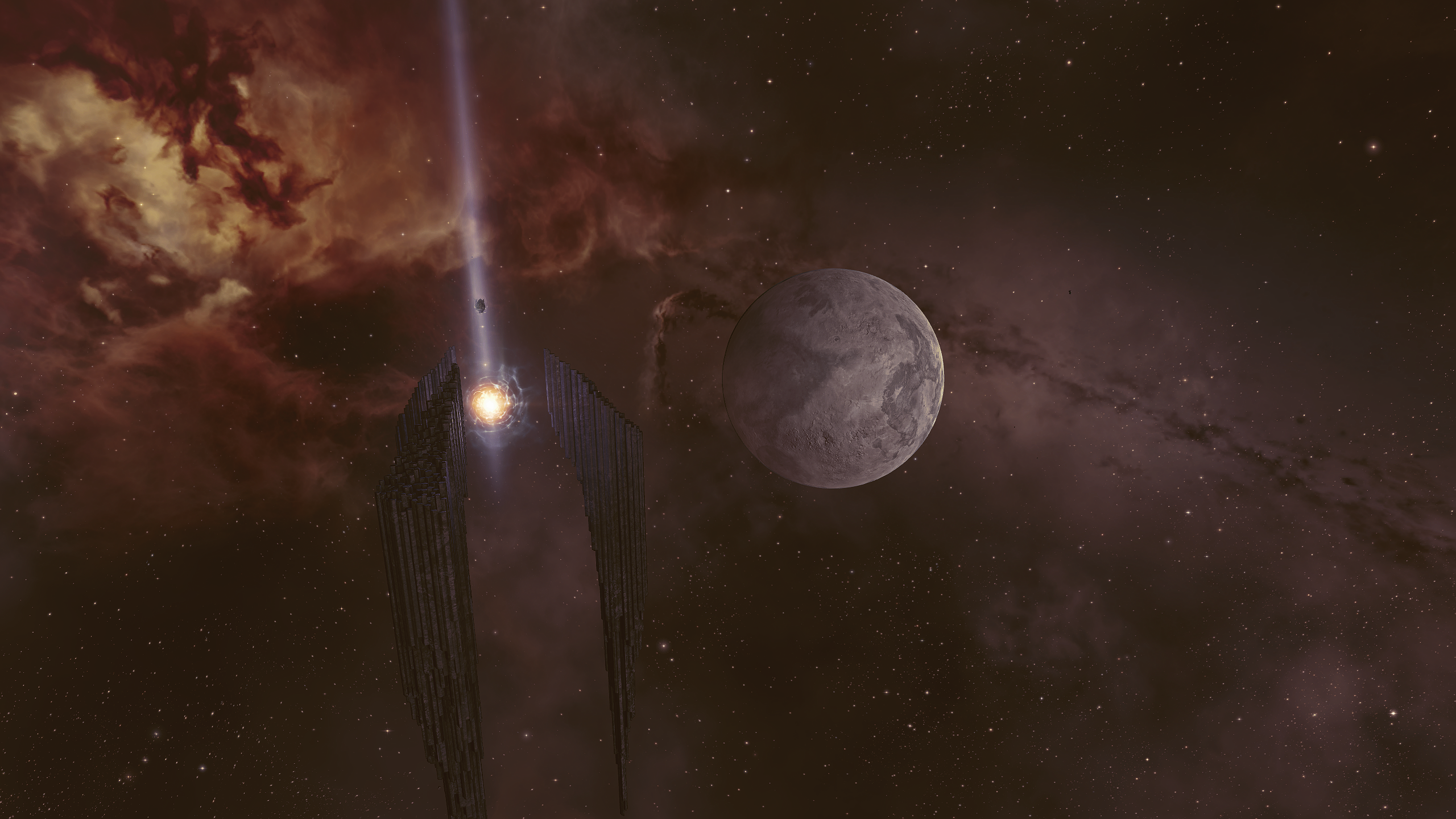 The Fallen Capsuleers Memorial at Molea II moon 1 - three immense basaltic-column slabs converging on a permanently-lit cyno, photographed with the moon in the background