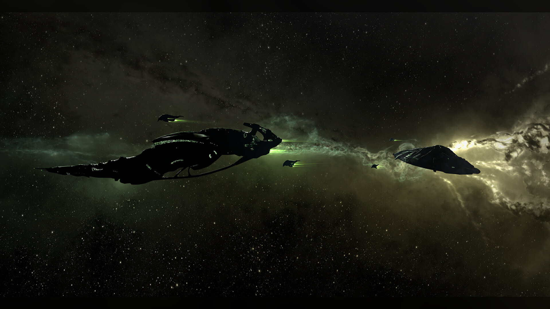 A Jove vessel drifting in a green nebula - lore art for the vanished Jove race