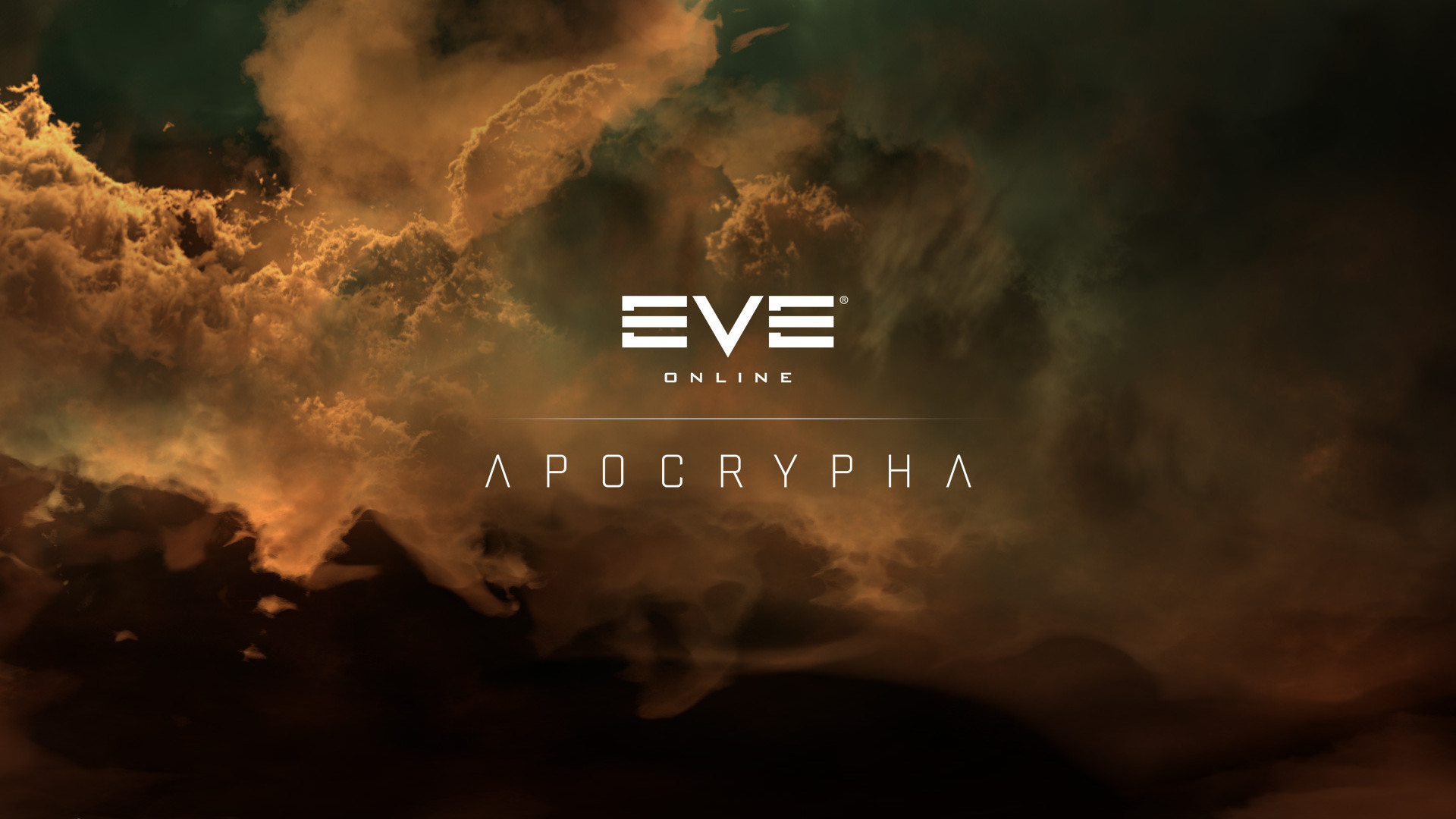 Official EVE Online: Apocrypha key art - the expansion logo set over a dark wormhole-space nebula.