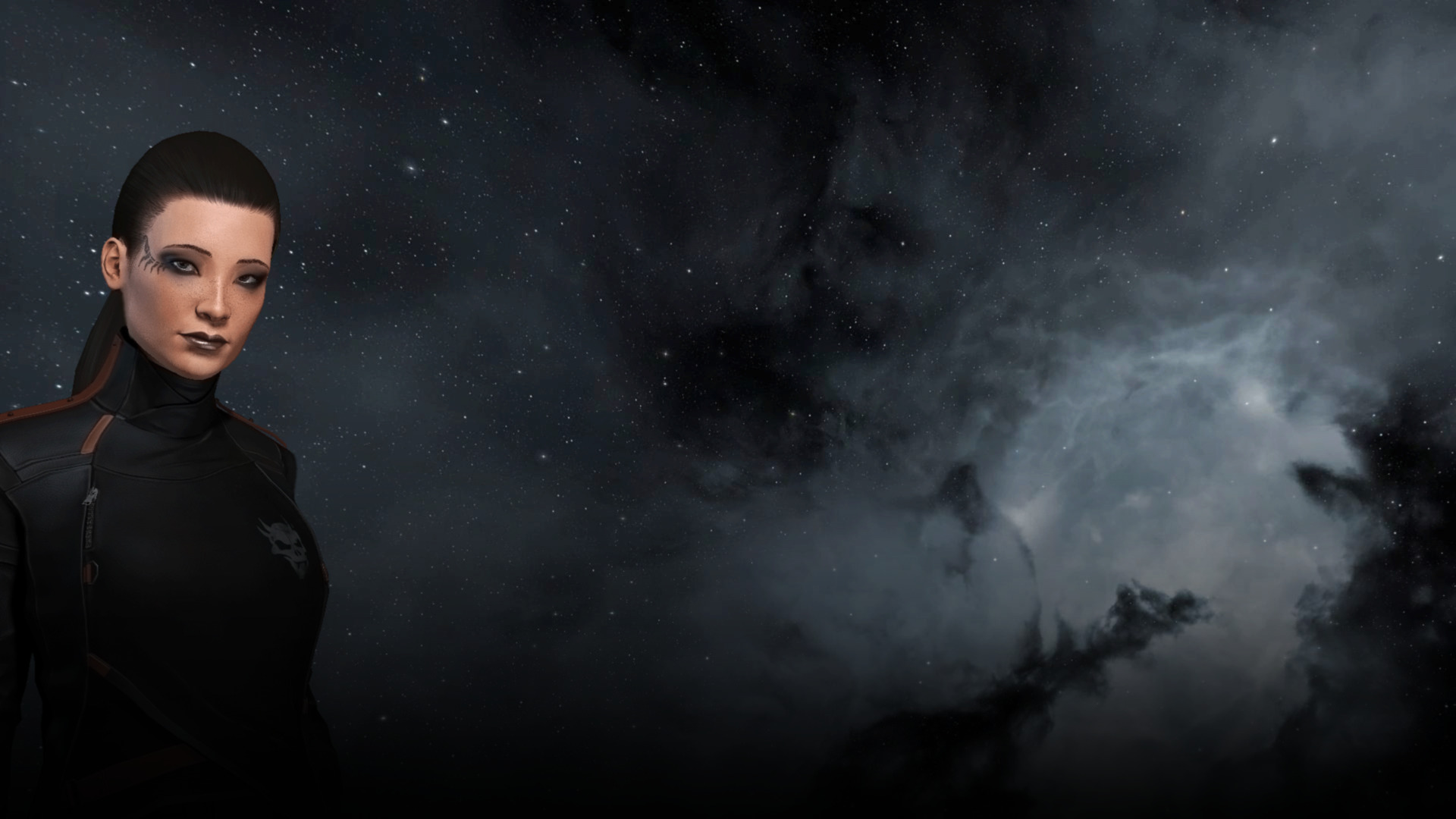 Wide cinematic shot of Helicity Boson - dark hair pulled back, tattoo-style mark over the right eye, dark high-collared jacket with skull insignia - against a star field with pale blue nebula at right