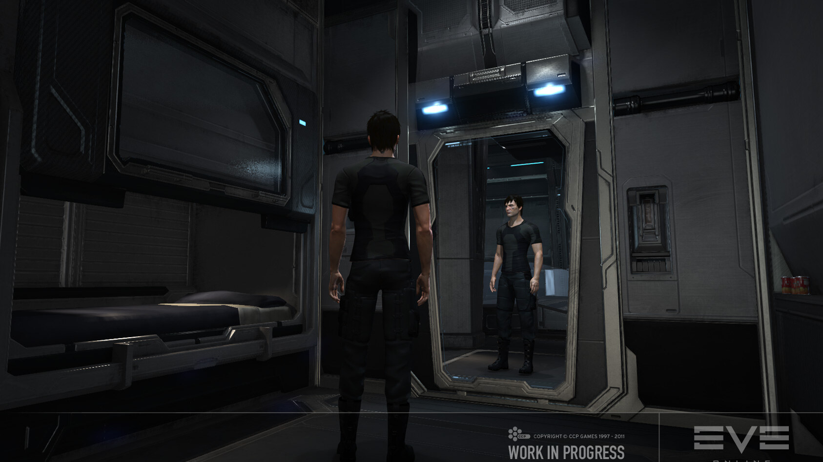EVE Online Captain's Quarters - a capsuleer before a mirror in their station quarters; the Incarna Walking-in-Stations preview shown at Fanfest 2011