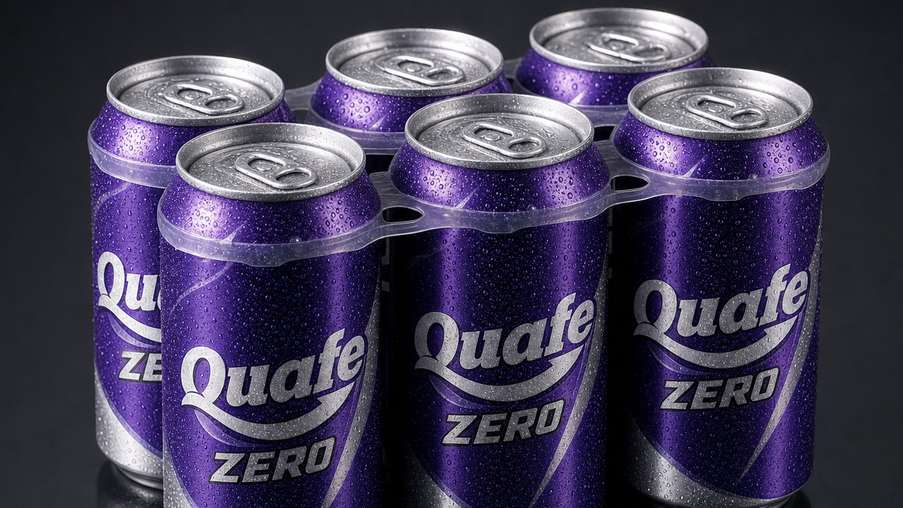 A six-pack of Quafe Zero - the tongue-in-cheek zero-calorie capsuleer energy drink - in its purple Quafe livery.