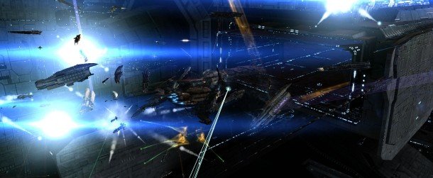 Cinematic shot of a freighter undocking at Jita 4-4 during Burn Jita I - drone strikes (white beams) and salvage activity visible across the station maw.