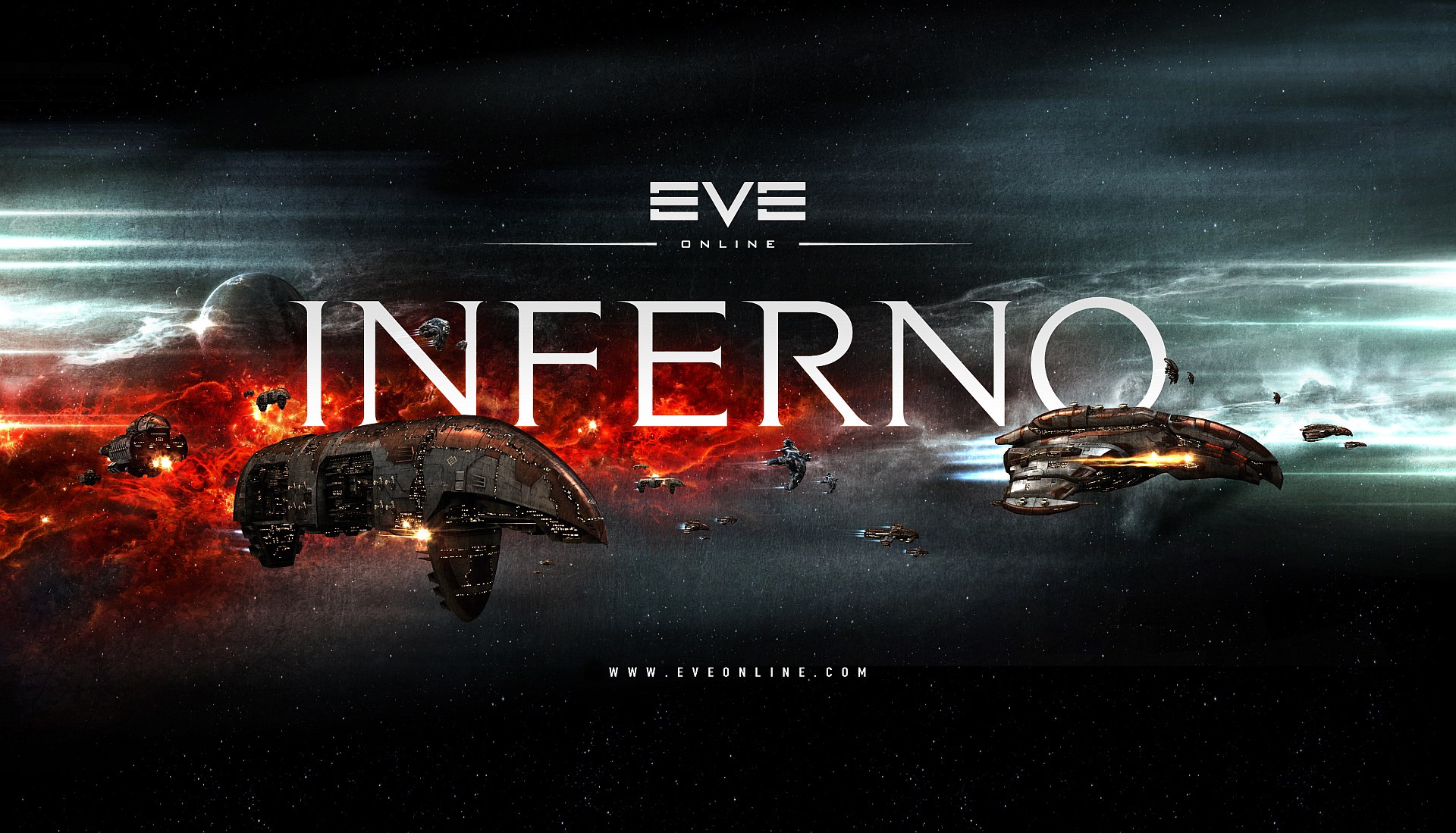 EVE Online: Inferno key art - capital ships drifting before a fiery nebula beneath the INFERNO logotype; the May 2012 expansion the nine-year anniversary gift celebrated