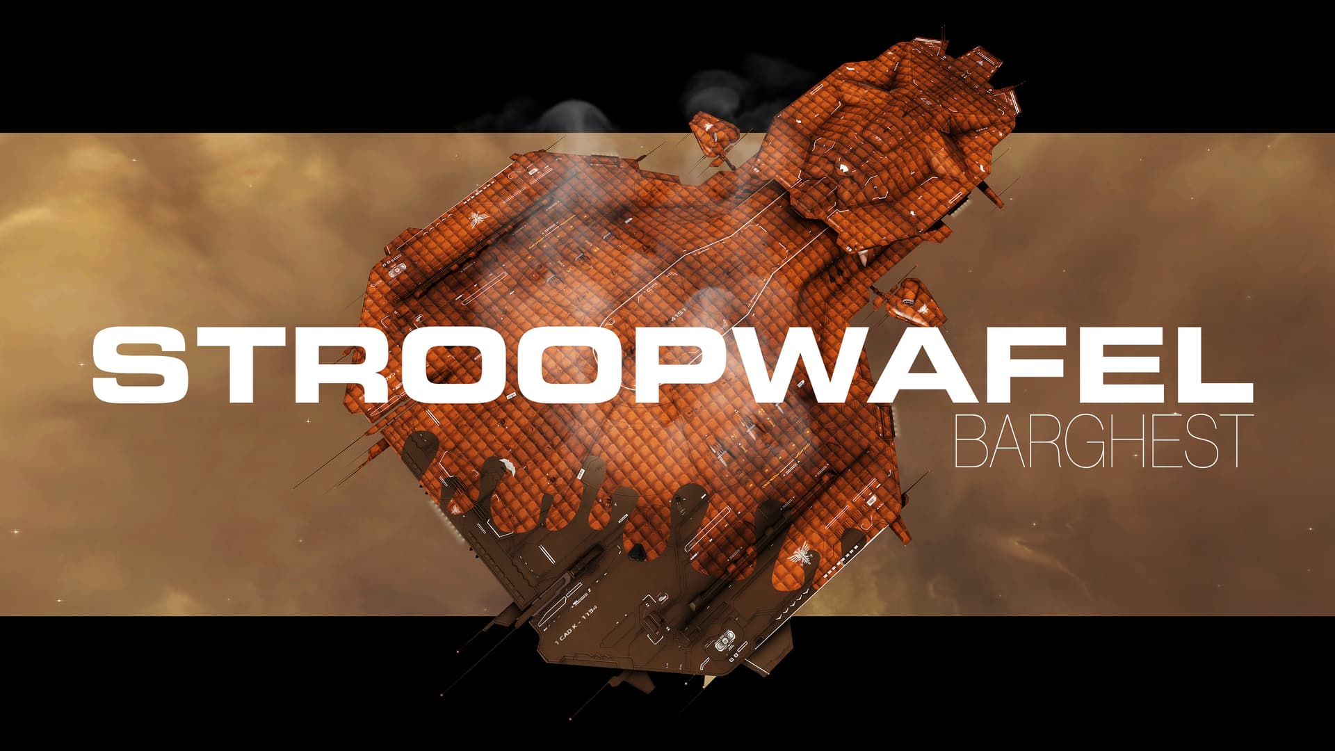 A Barghest battleship rendered with a caramel stroopwafel waffle texture, one of T'amber's CaldariPrimePonyClub SKIN concepts