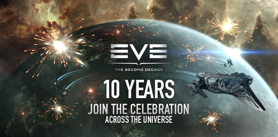 EVE 10 Years - Join The Celebration Across The Universe; the 2013 tenth-anniversary key art, fireworks over a capsuleer ship