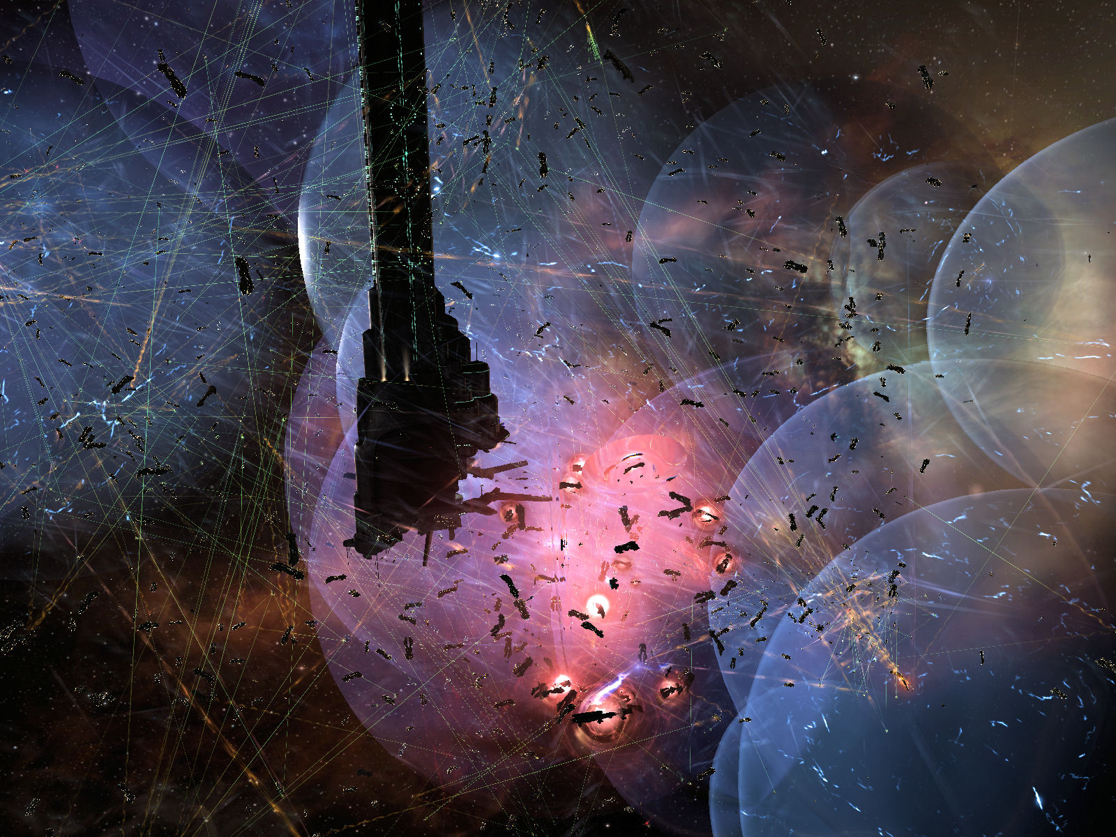 A wide in-game view of the 6VDT-H system during the climactic 28 July 2013 battle that ended the Fountain War, the field thick with battleships, warp bubbles and weapon fire against a nebula.