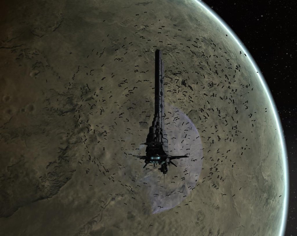 Battle of 6VDT-H - CFC fleet of roughly 1,600 battleships in a spherical orbit at 80 km of the contested TEST outpost, the "ants swarming" composition that recurred across every after-action post