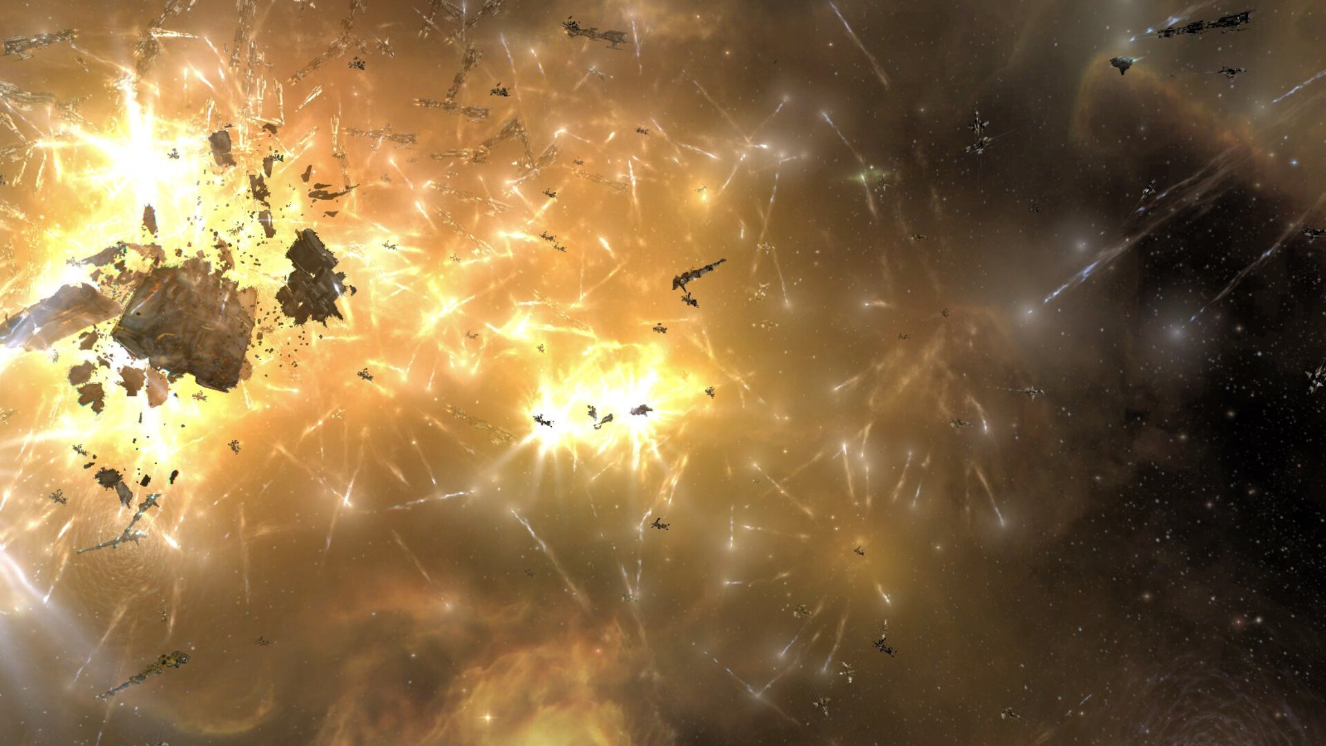 A wreck breaking apart amid a storm of weapons fire and explosions during Burn Amarr