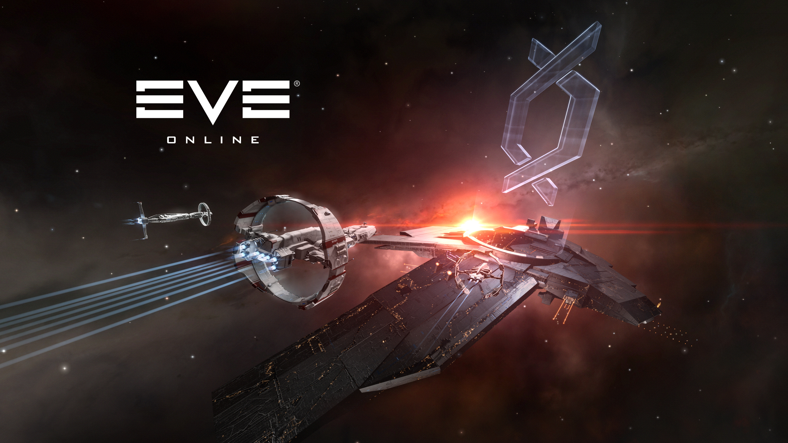 Official Project Discovery key art - an EVE Online structure beside the holographic double-helix Project Discovery emblem over a deep red nebula