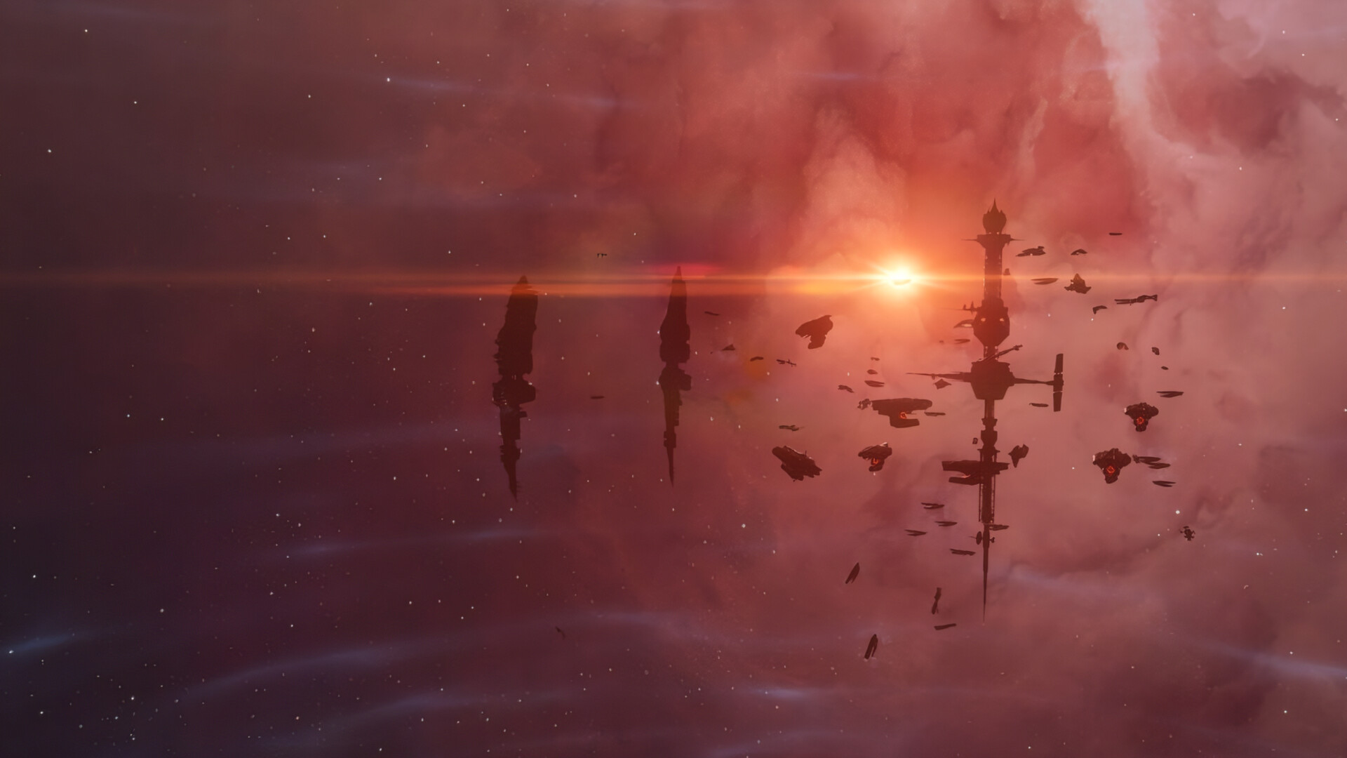 A POS starbase control tower and two further towers in silhouette against a red nebula sunset, a fleet drifting nearby