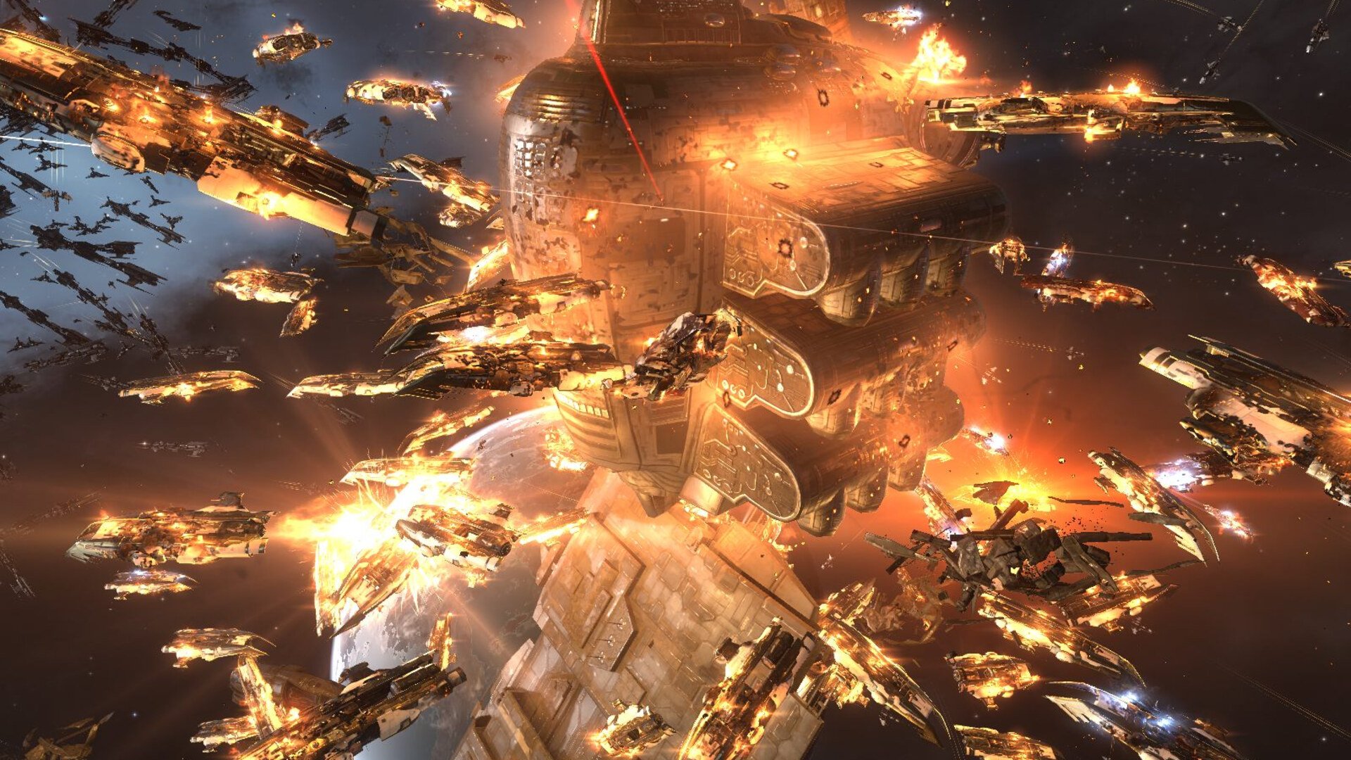 A freighter swarmed and burning under a destroyer gank during Burn Jita, weapons fire across the field