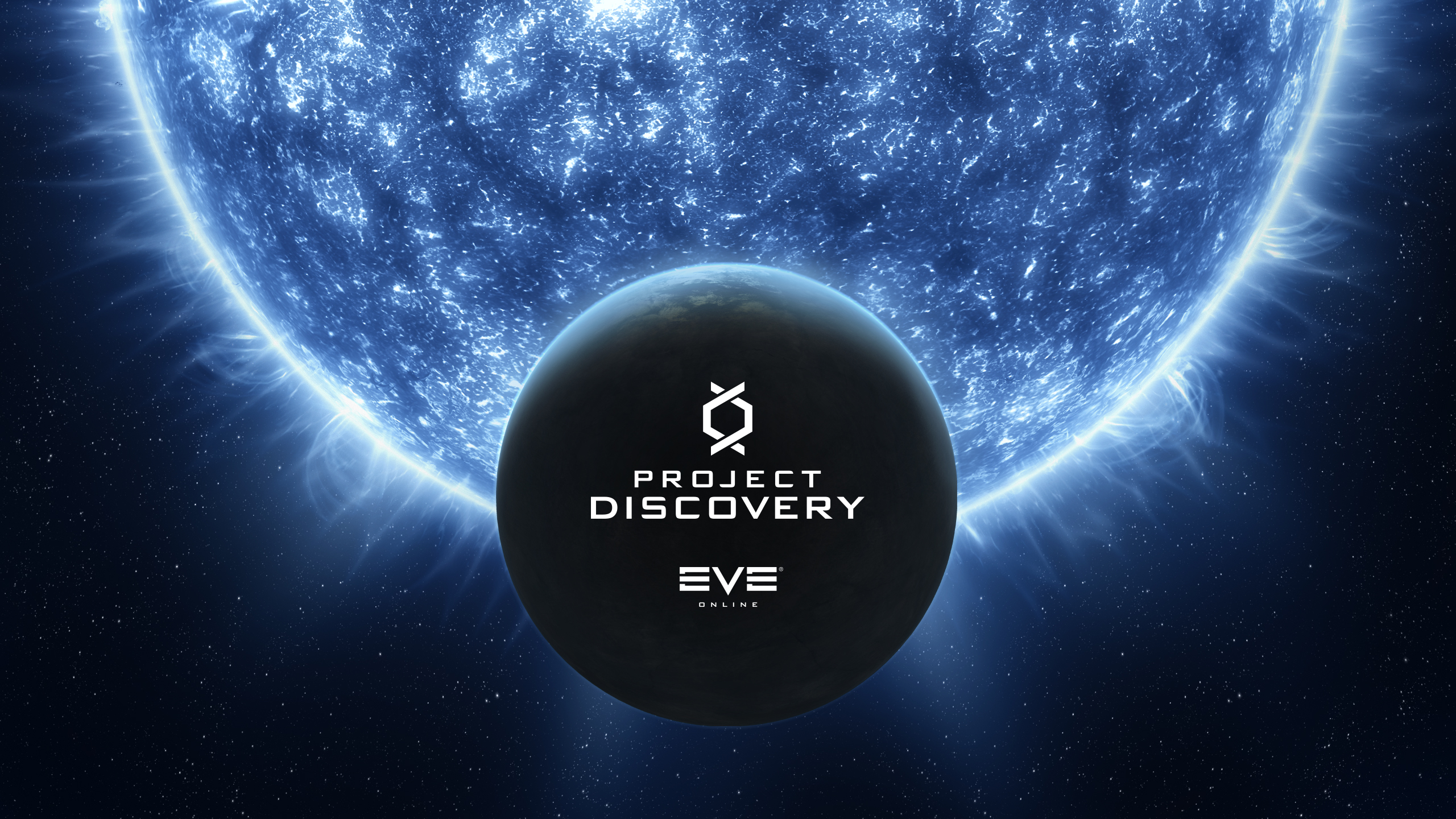 Official Project Discovery Exoplanets key art - a brilliant blue star behind the Project Discovery and EVE Online logos