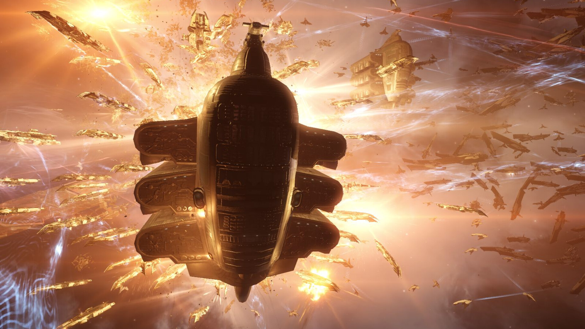 An Obelisk freighter surrounded by a destroyer swarm and weapons fire during Burn Jita