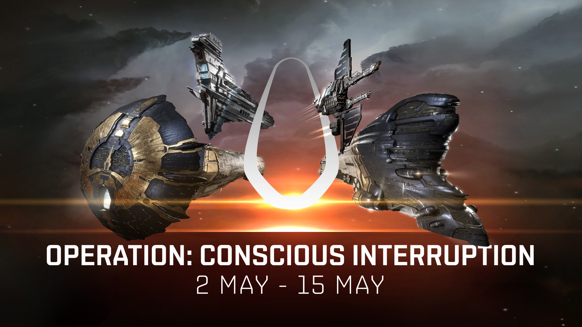 Operation: Conscious Interruption key art - two Drifter battleships flanking a glowing wormhole over a fiery sunrise; the 2018 Capsuleer Day XV event art