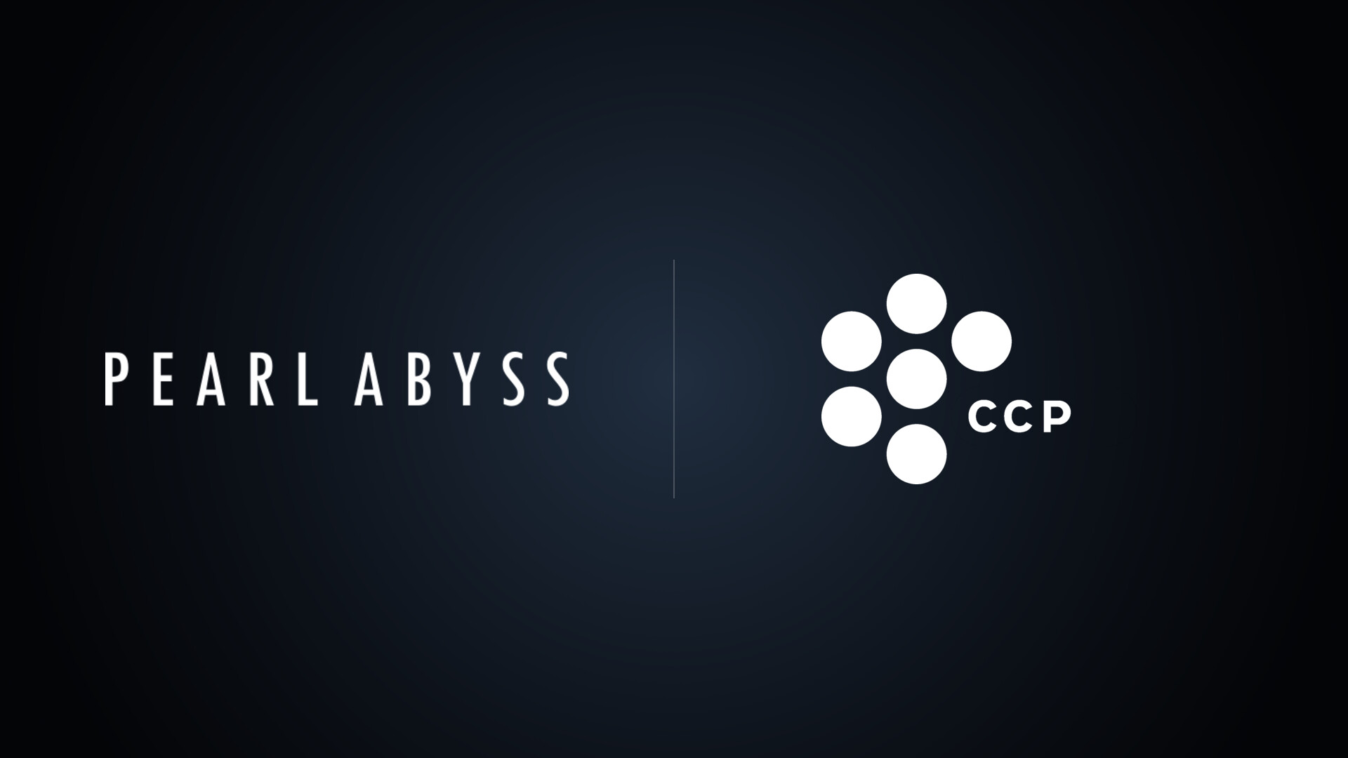 Acquisition lockup: the Pearl Abyss wordmark and the CCP Games logo in white on a dark field, divided by a thin line