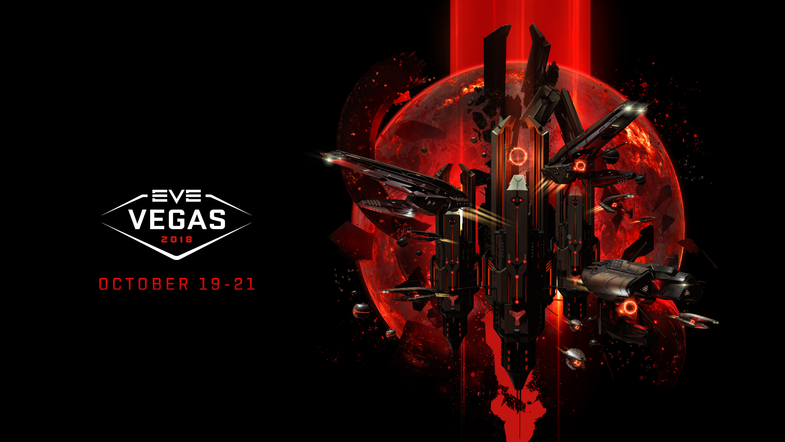 Official EVE Vegas 2018 key art - the convention's branded logo lockup over a New Eden starfield