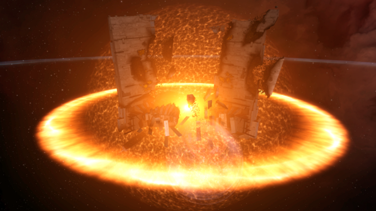 The first Keepstar in EVE Online mid-explosion, orange shockwave ring expanding outward from the central tower as Fort Knocks dies in J115405 on 12 December 2018