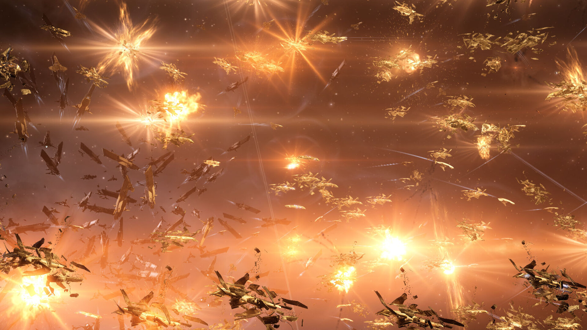 A swarm of Coercer destroyers firing amid wreckage during Burn Jita, weapons flares lighting the field
