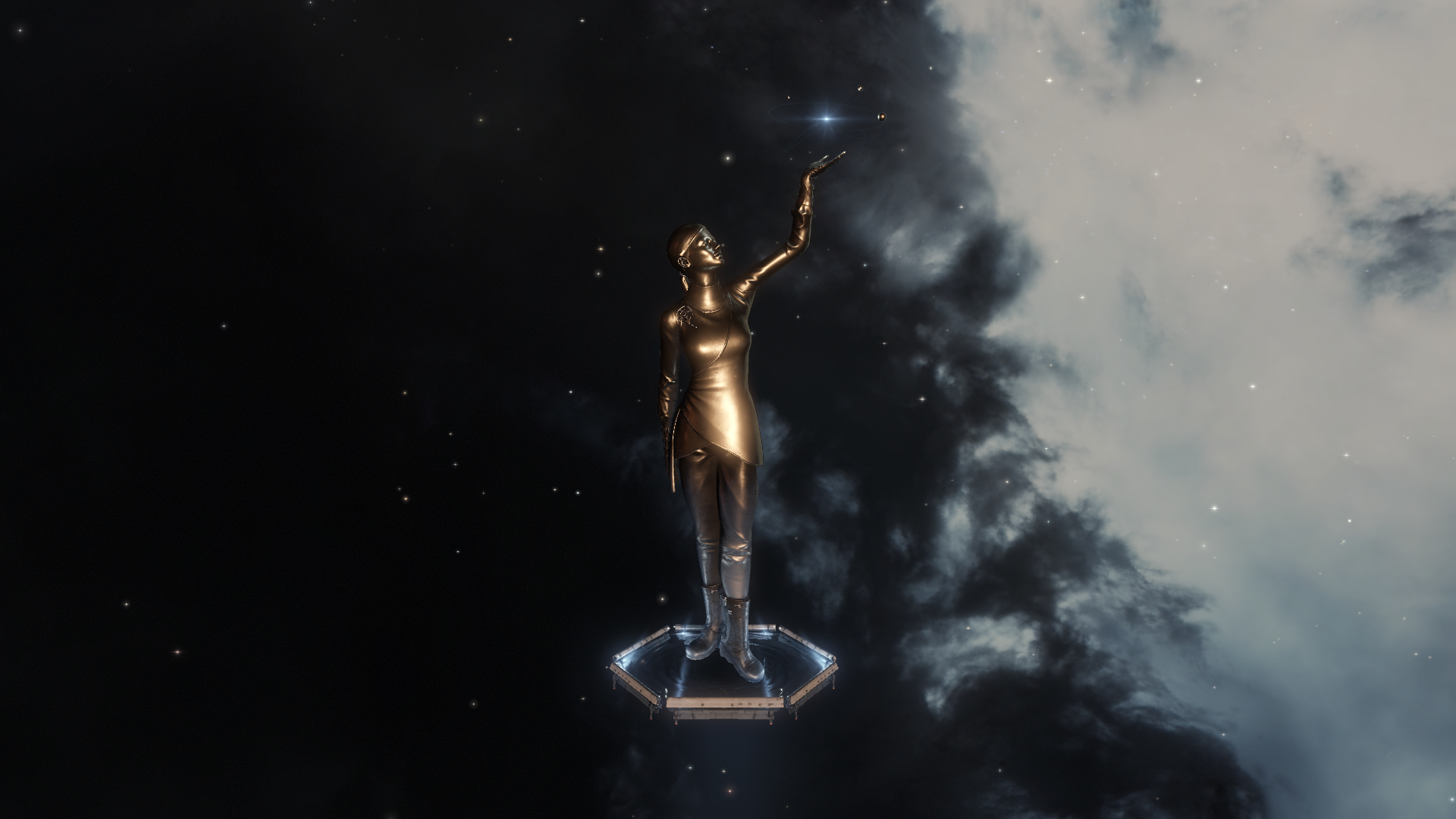 Full view of the Journey of Katia Sae Memorial at the Abagawa stargate in Saisio - a gargantuan Katia Sae standing on a shimmering plinth, holding a holographic star system in her palm