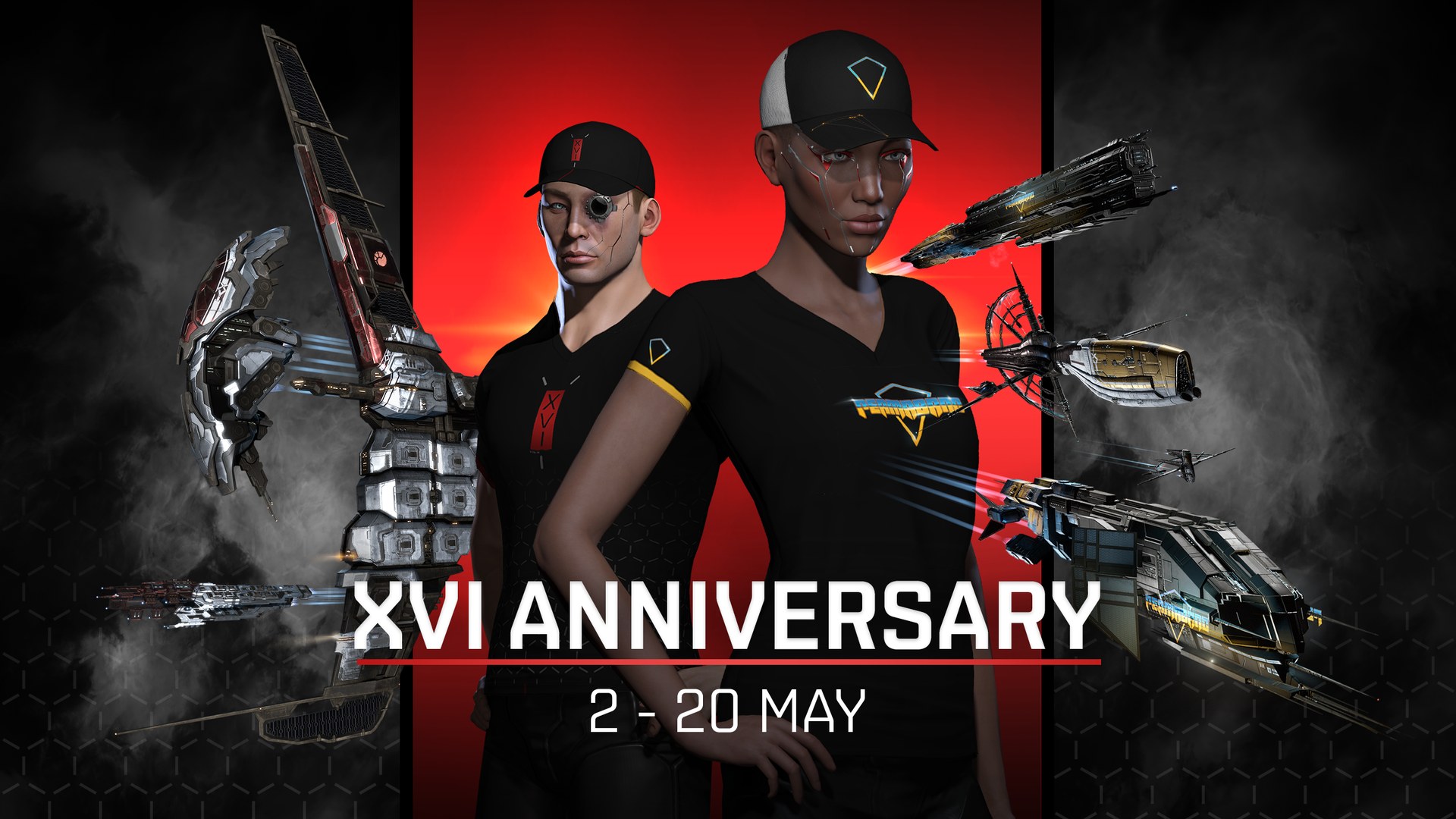 Capsuleer Day XVI key art - two capsuleers in anniversary apparel flanked by industrial ships against a red field; the 2019 sixteenth-anniversary event art