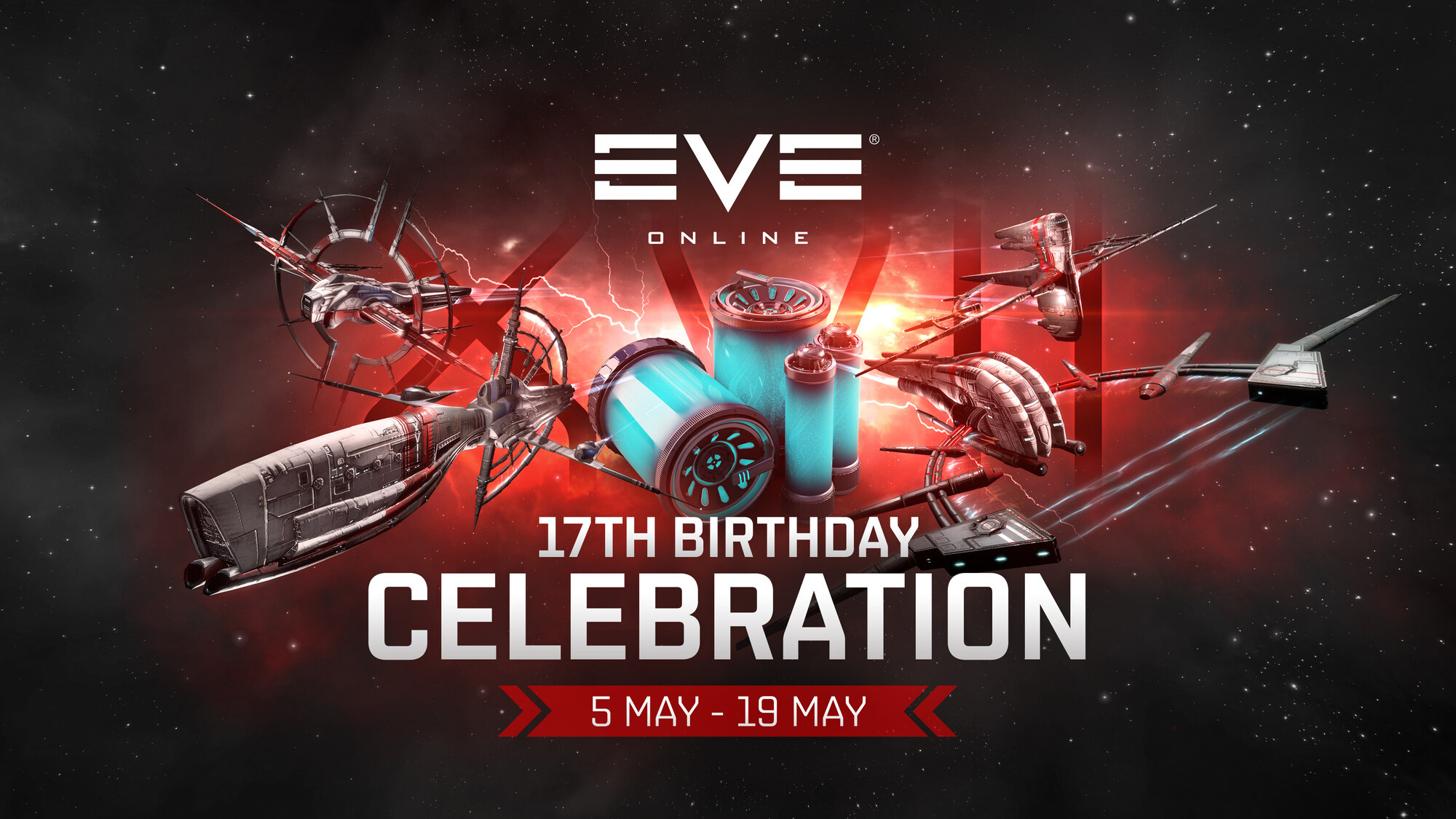 EVE Online 17th Birthday Celebration key art - capsuleer ships and anniversary boosters around a glowing red XVII; the 2020 edition whose event sites were branded Capsuleer Day Clash