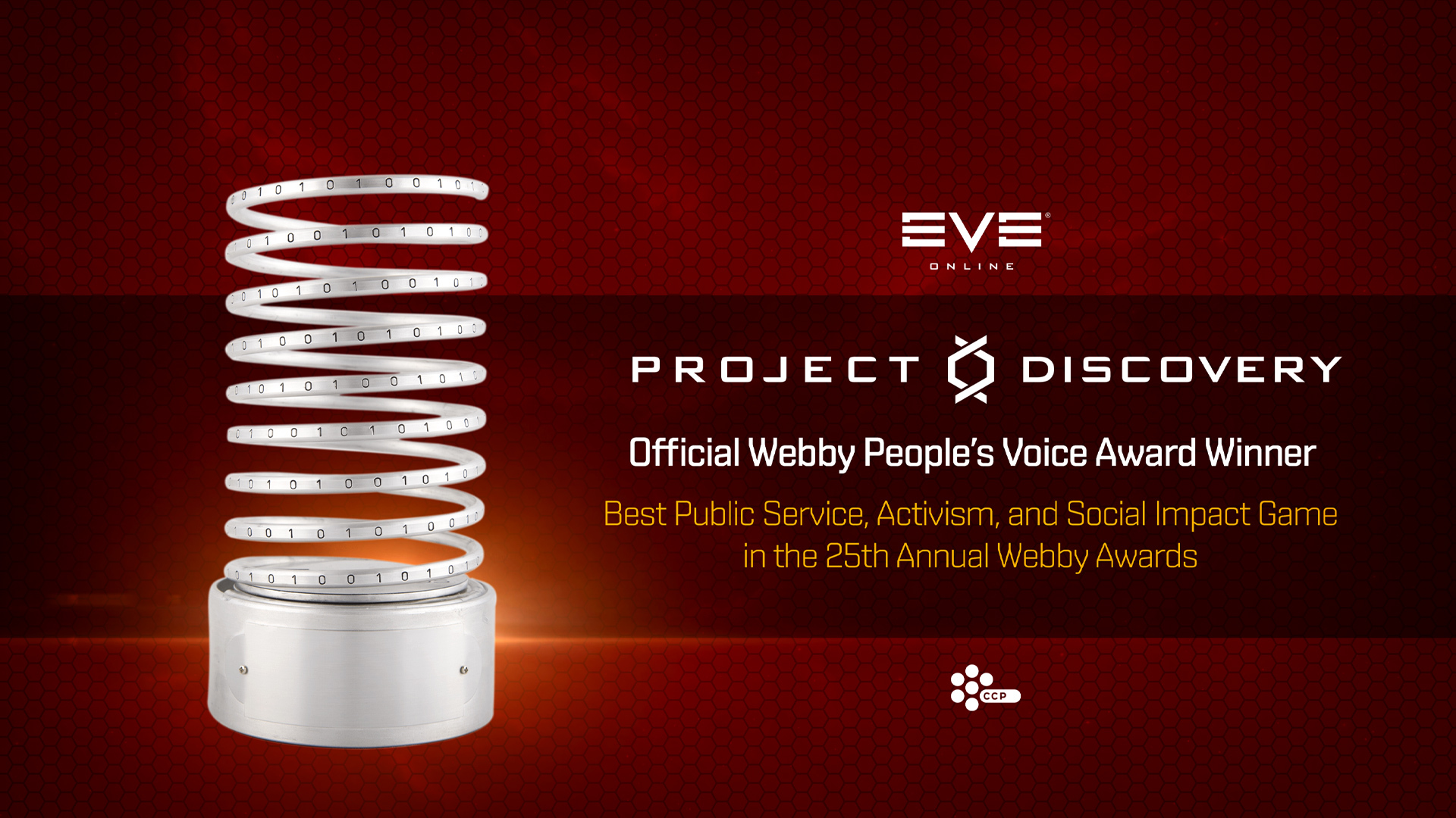Project Discovery's Webby People's Voice Award key art, with the EVE Online and Project Discovery logos over a field of immune cells