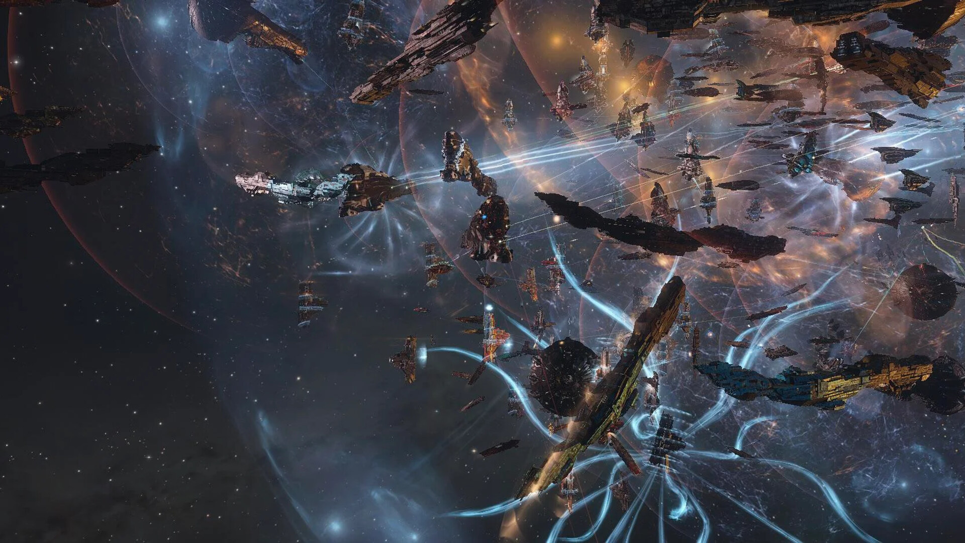 A vast EVE Online capital-fleet battle: titans, supercarriers and doomsday beams crowding the field
