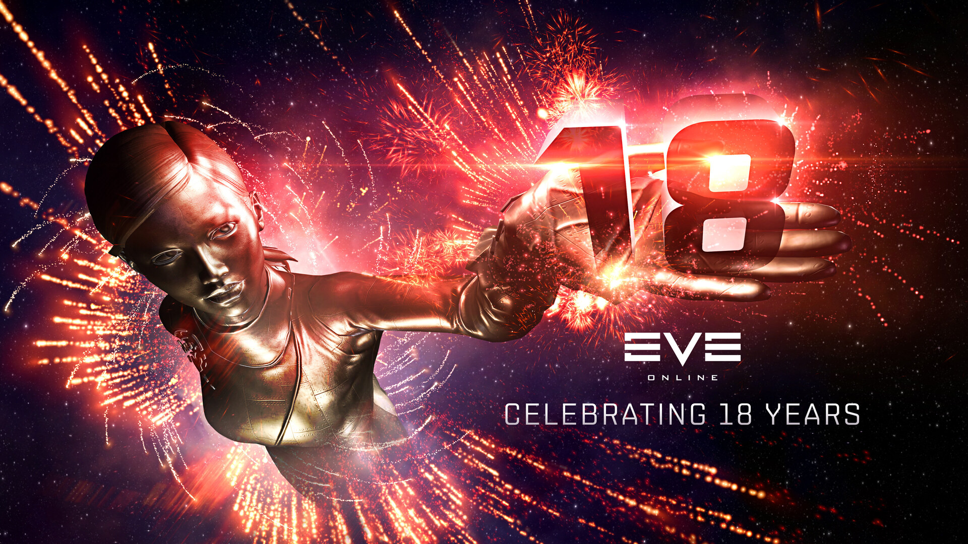 EVE Online Celebrating 18 Years key art - a golden capsuleer statue reaching toward a glowing 18 amid fireworks; the 2021 Capsuleer Day