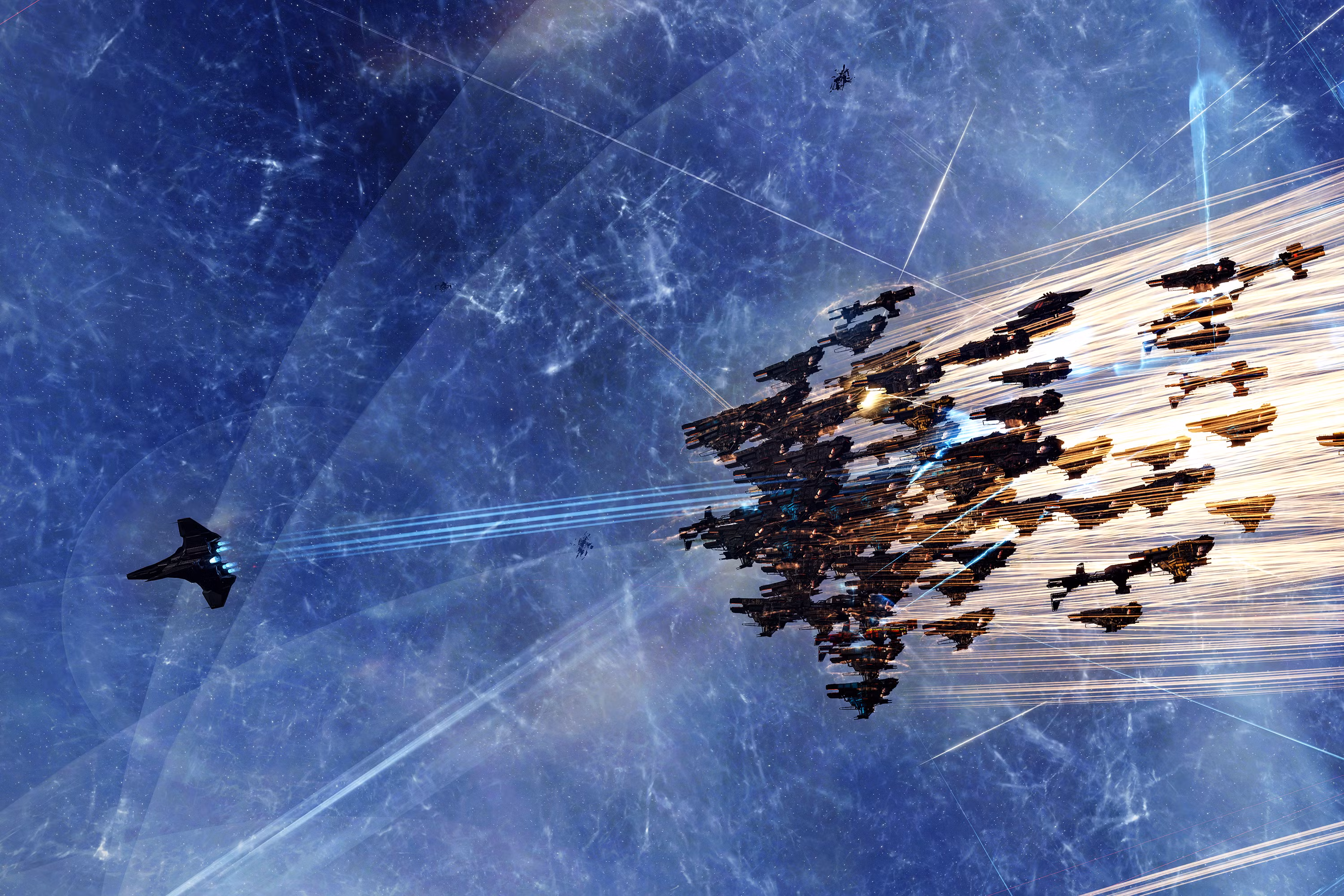 Cinematic in-game view of capital ships clashing across Delve at the end of WWB2, August 2021.