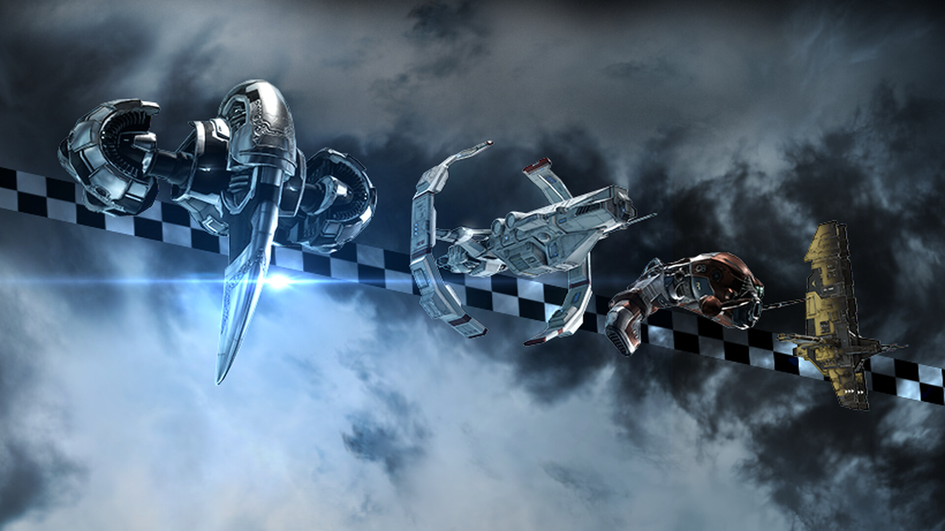 EVE Online racing banner: interceptor ships streaking past a checkered flag through cloud