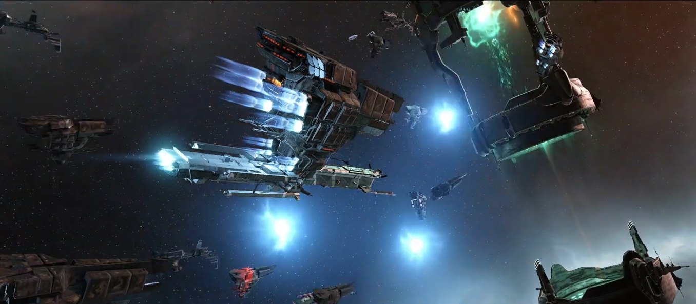 Cinematic view of an attacking fleet and its capitals massed around a structure in Venal, a cynosural field flaring at upper right - from a Northern Coalition. pilot's point of view, January 2022.
