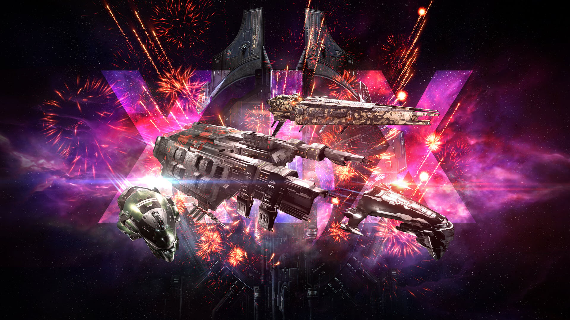 Capsuleer Day XIX anniversary banner - capsuleer ships before a giant pink XIX numeral with fireworks and a station; the 2022 edition