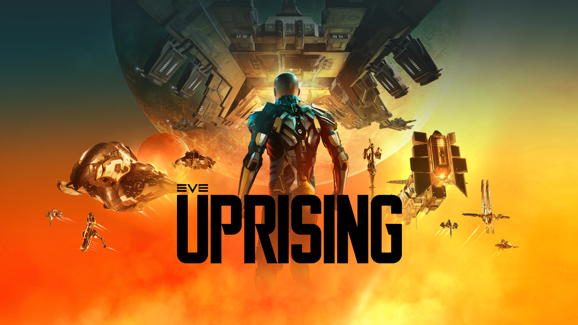 EVE Online Uprising key art - a capsuleer before a station and burning sky amid new faction-warfare ships; the expansion revealed at Fanfest 2022