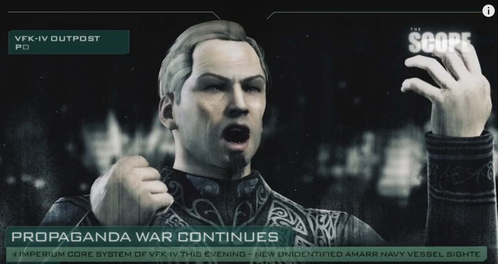 A character-render of The Mittani from CCP's in-universe news show "The Scope", showing the Goonswarm leader as an Amarrian capsuleer in formal alliance-leader pose