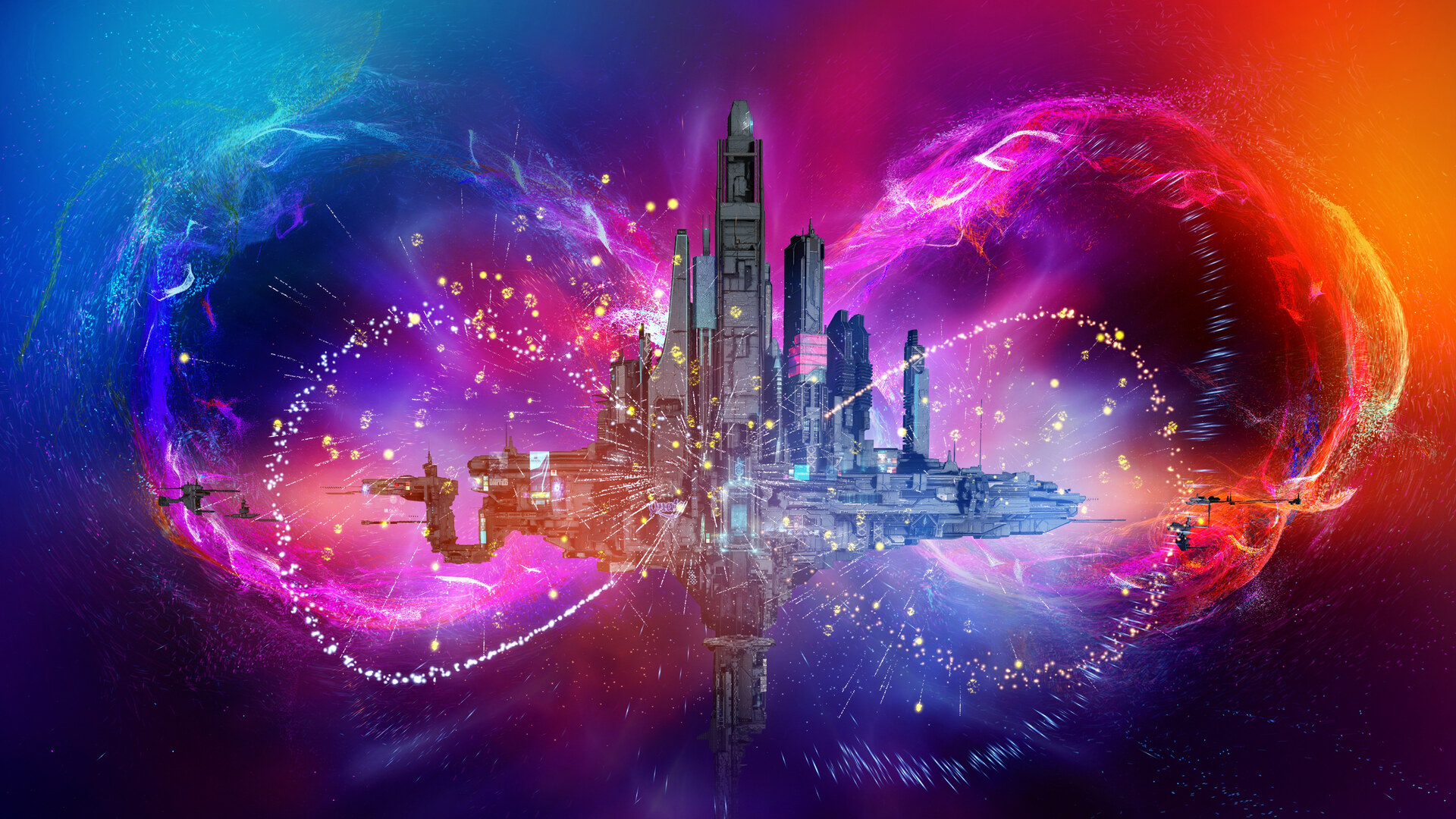EVE Online 20th anniversary key art - a station enclosed in an infinity loop of nebula and fireworks; the 2023 Capsuleer Day XX