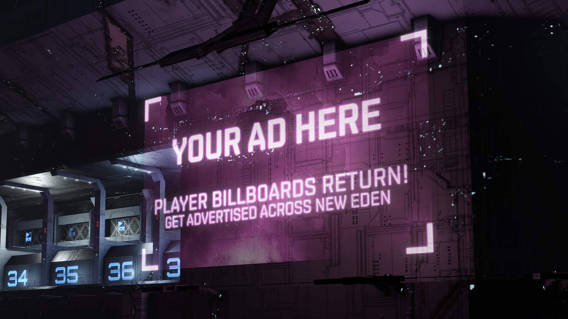 CCP's announcement banner: an EVE Online station billboard reading YOUR AD HERE, PLAYER BILLBOARDS RETURN, GET ADVERTISED ACROSS NEW EDEN, over docking bays.