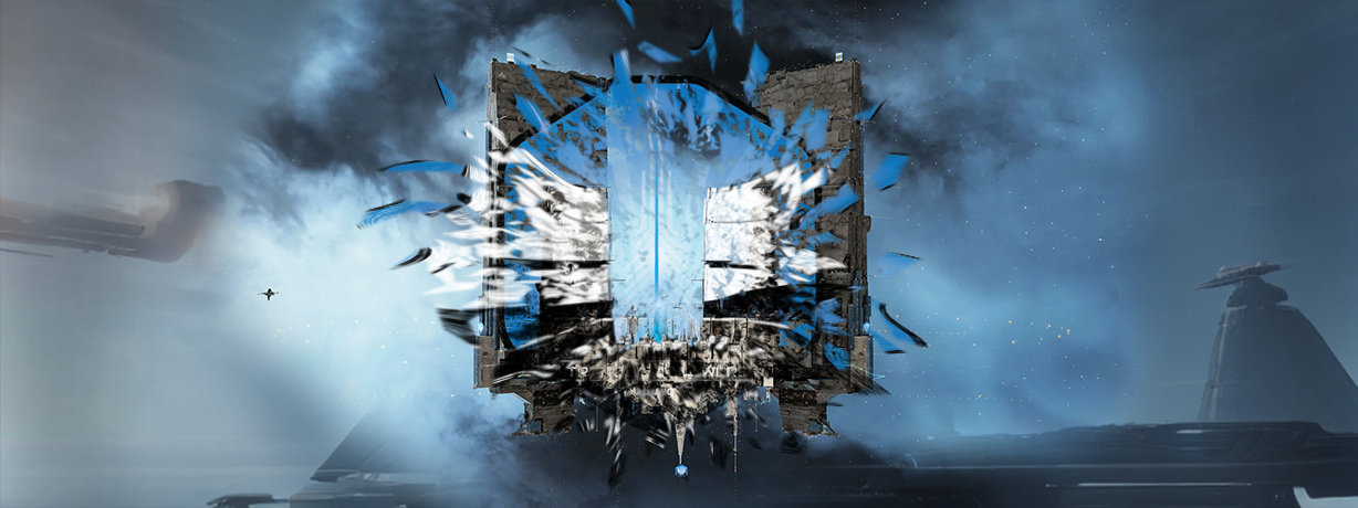 The Fall of the Tranquility Trading Tower - Quendan's masthead artwork for the Imperium News collapse editorial showing the TTT Keepstar mid-explosion, chunks blown out against a starfield