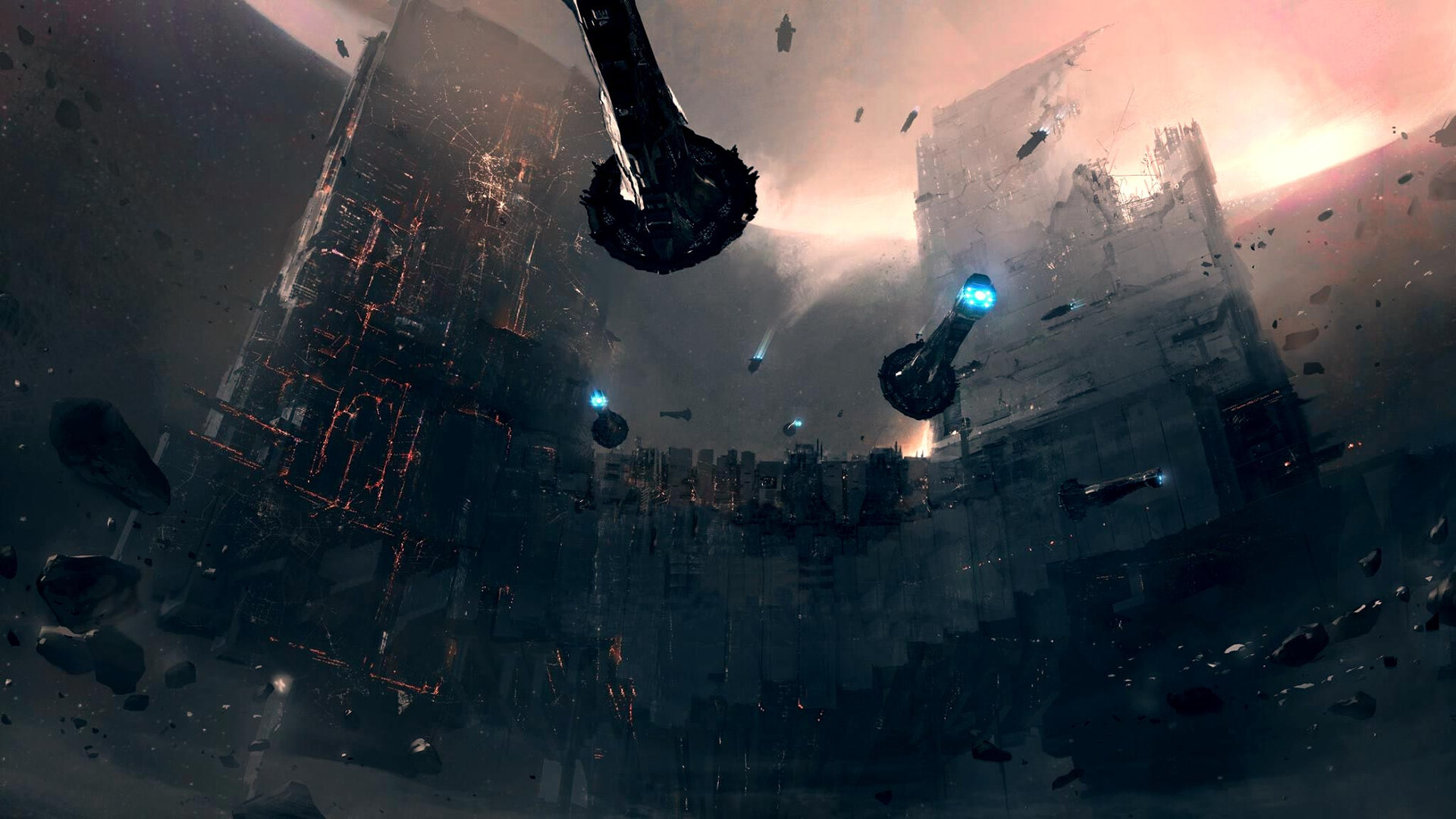 EVE Online key art: capital ships and broken structures drifting amid wreckage and asteroids under a red sky