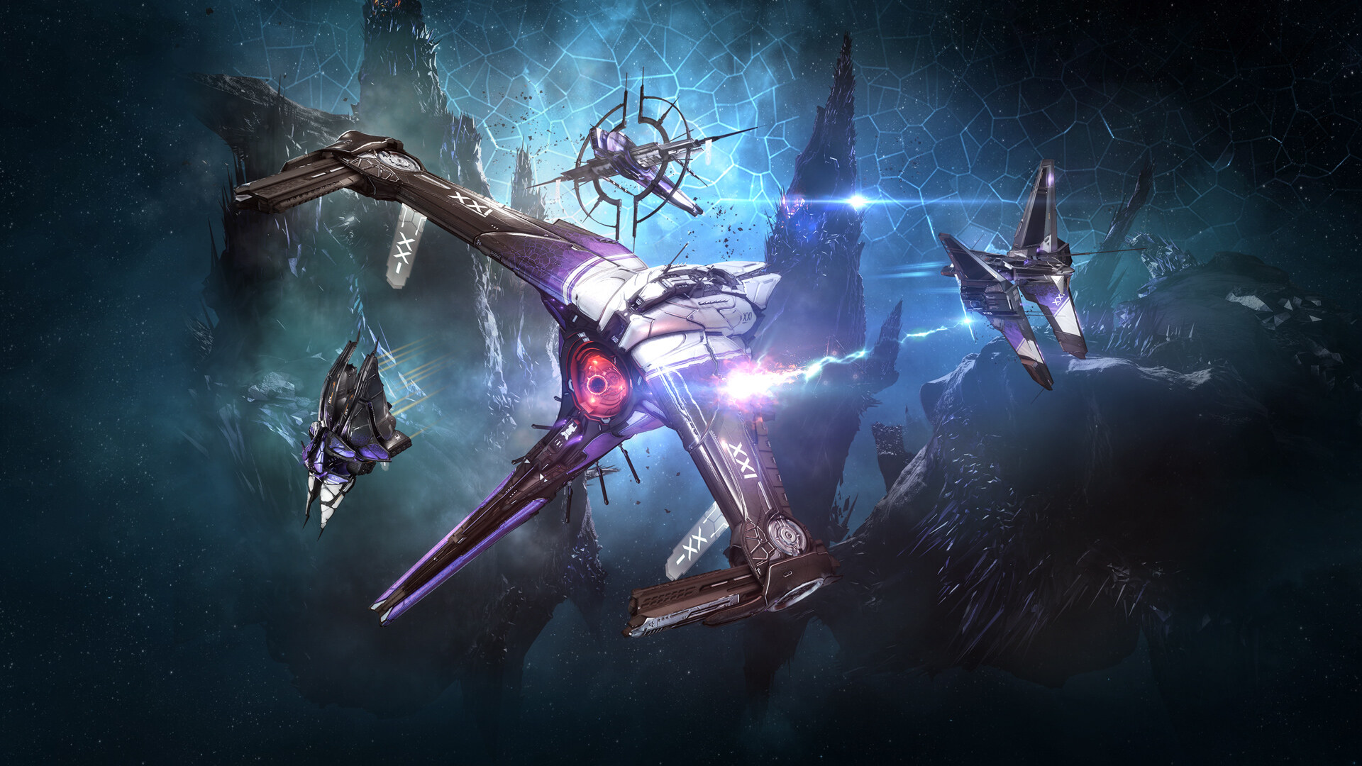Capsuleer Day XXI key art - three capsuleer ships marked XXI advancing through a blue Drifter wormhole pocket; the 2024 edition