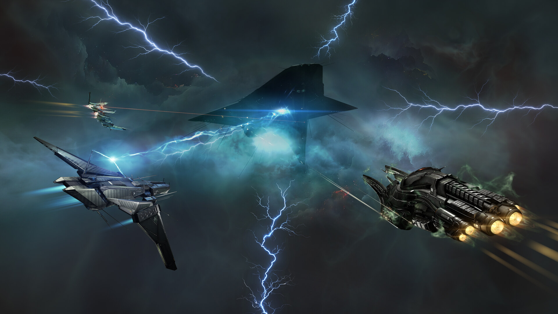 Capsuleer Day XXII key art - capsuleer ships amid a lightning storm of dark nebula clouds; the 2025 Nexus Reckoning edition