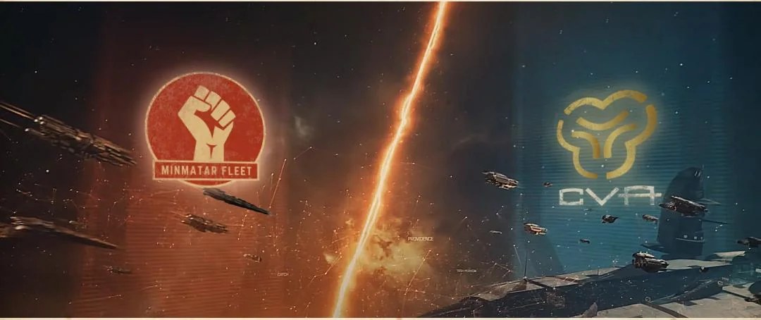 Split-screen war banner: the Minmatar Fleet fist logo on the red left against the CVA crest on the gold right, divided by an orange rift; ships scattered across a Providence starfield.