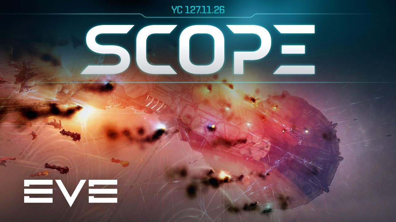 The official EVE Online Scope newscast frame for the PanFam collapse: a keepstar and capital ships exploding amid scattered fleets, headed with the in-universe date YC 127.11.26.