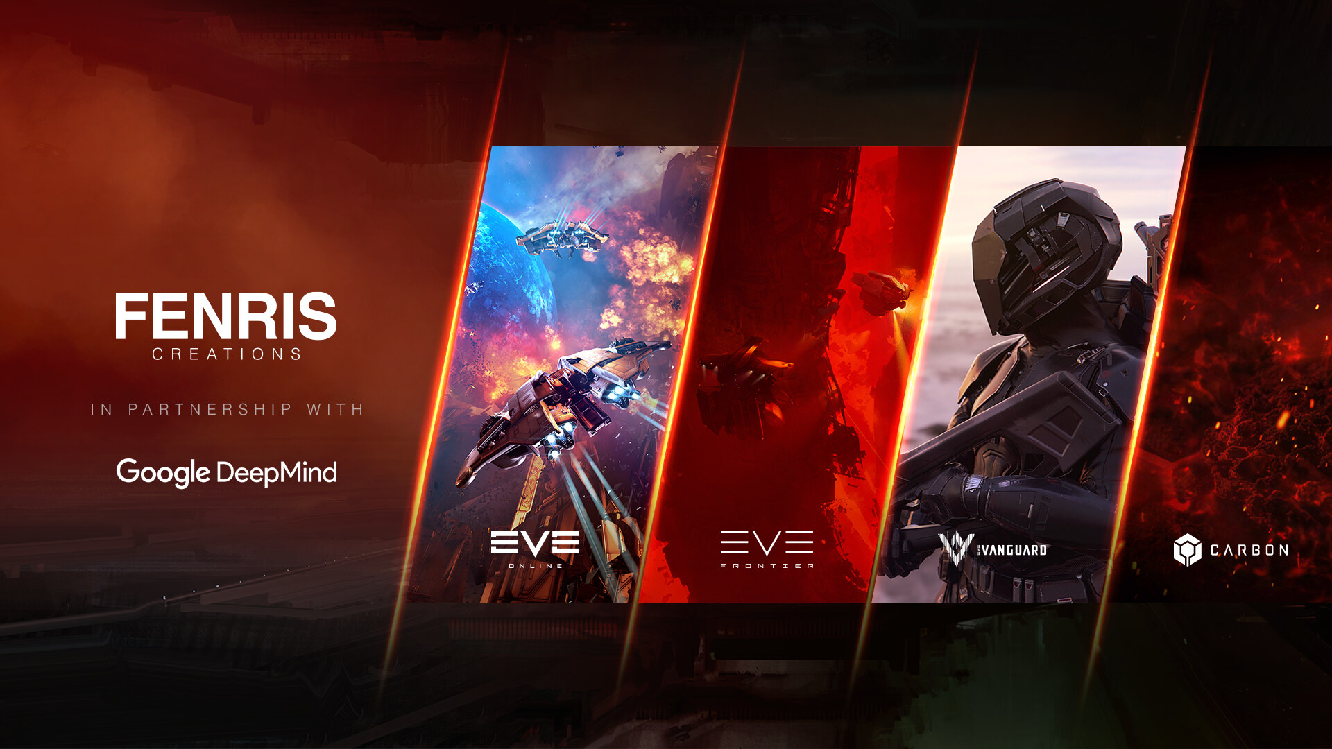 Official 'A New Era' rebrand banner: the Fenris Creations wordmark and 'in partnership with Google DeepMind' over panels for EVE Online, EVE Frontier, EVE Vanguard and Carbon.