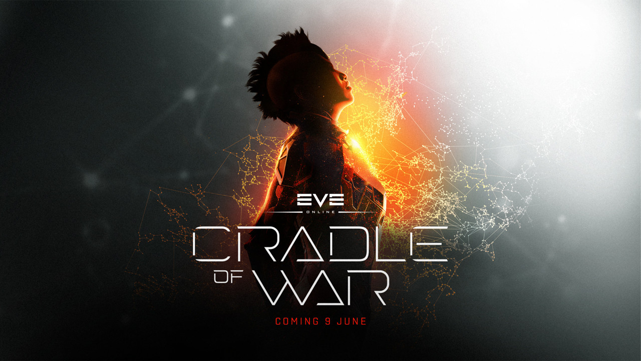 Official Cradle of War expansion key art - a lone capsuleer silhouetted against fire and ash beside the EVE Cradle of War logo