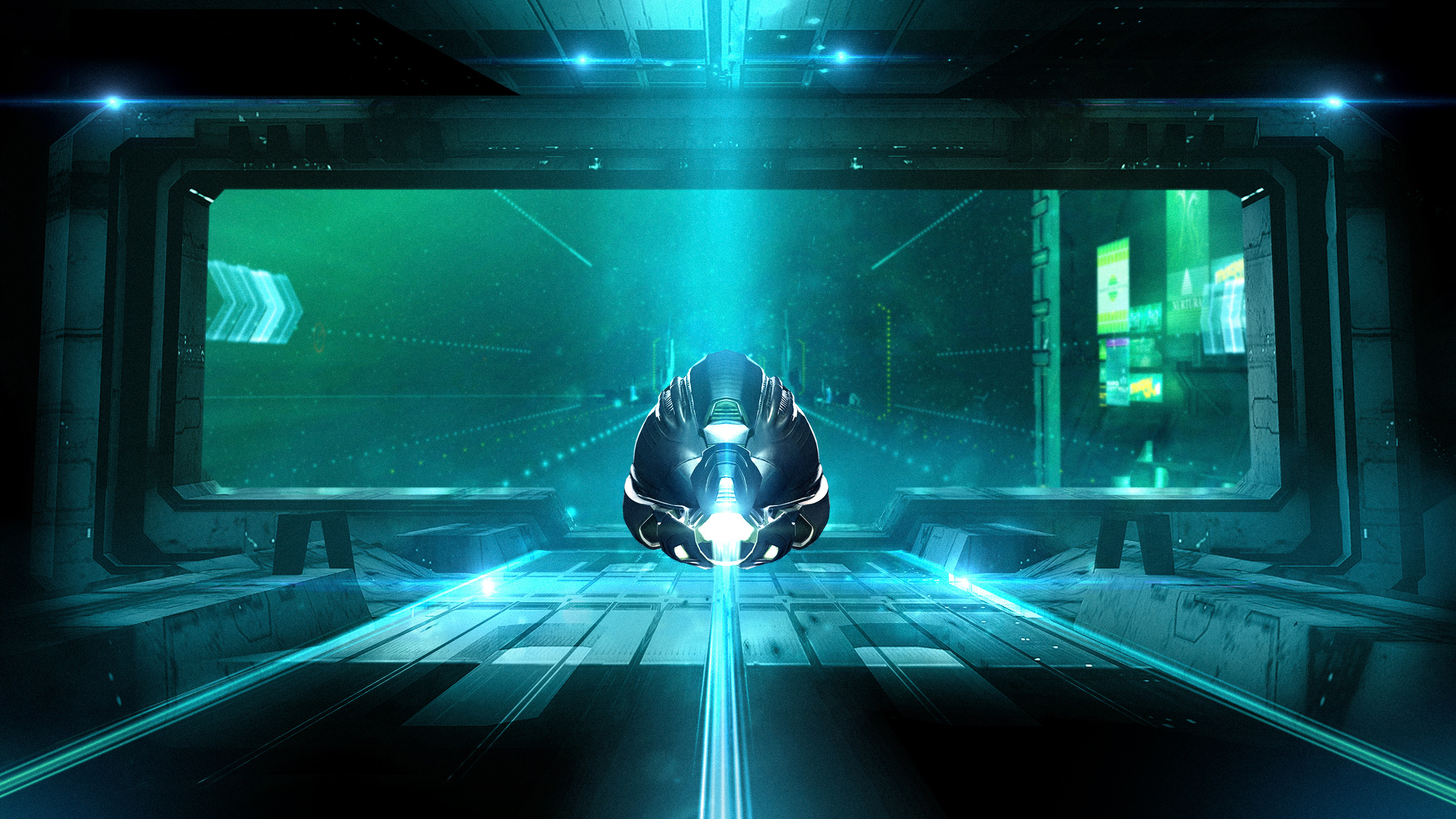 Exordium starter-space key art - a rookie ship departing through a green-lit station portal into the safe starter region