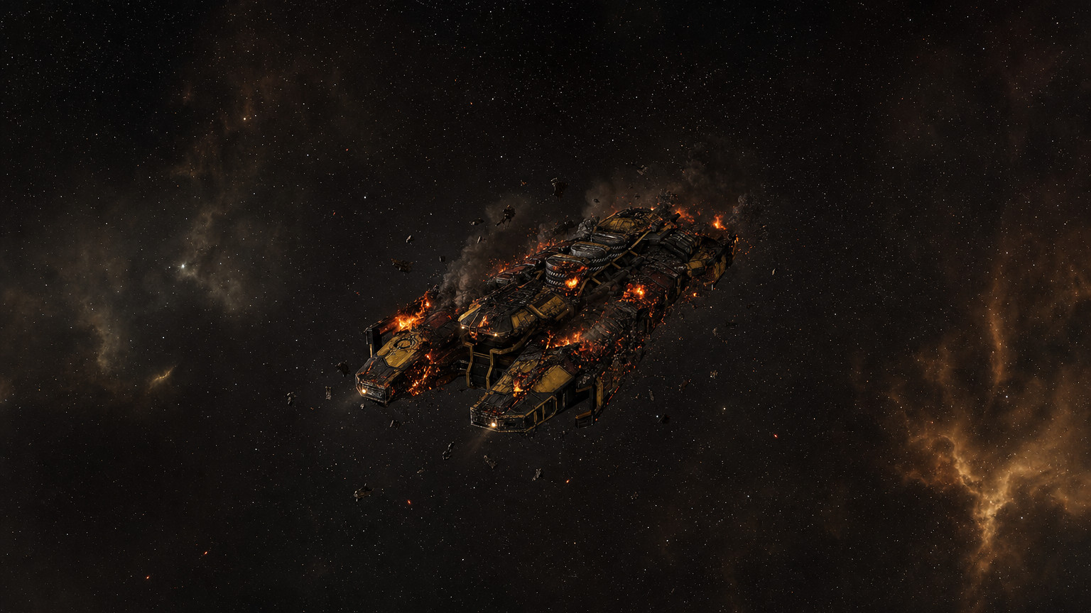 A burning, heavily damaged Hulk exhumer drifting as a wreck in deep space - the mining barge that Hulkageddon hunts.