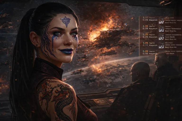 Aiko portrait at a spaceship captain's window. Two crew behind her watch a battlefield scene of explosions and incoming killmails on UI overlays across the glass.